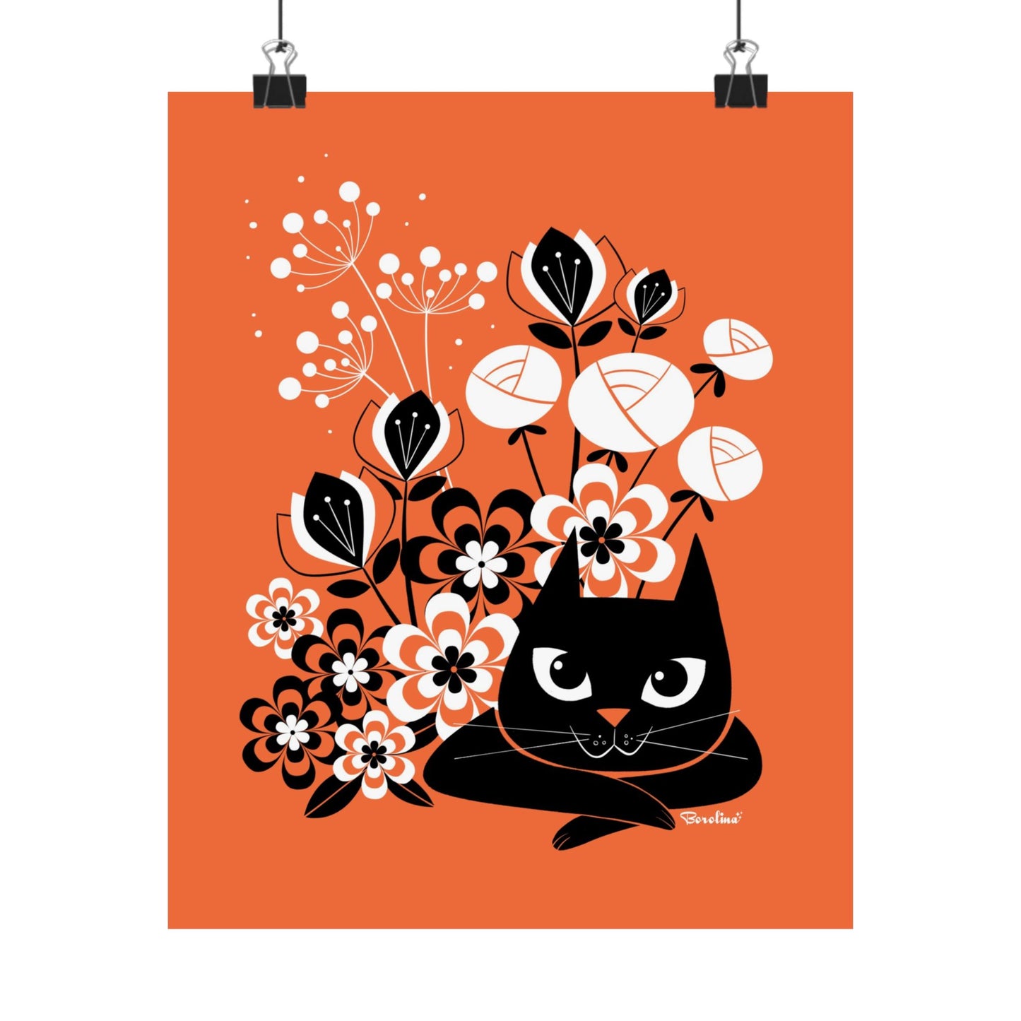 Cat and flowers, rectangular art print