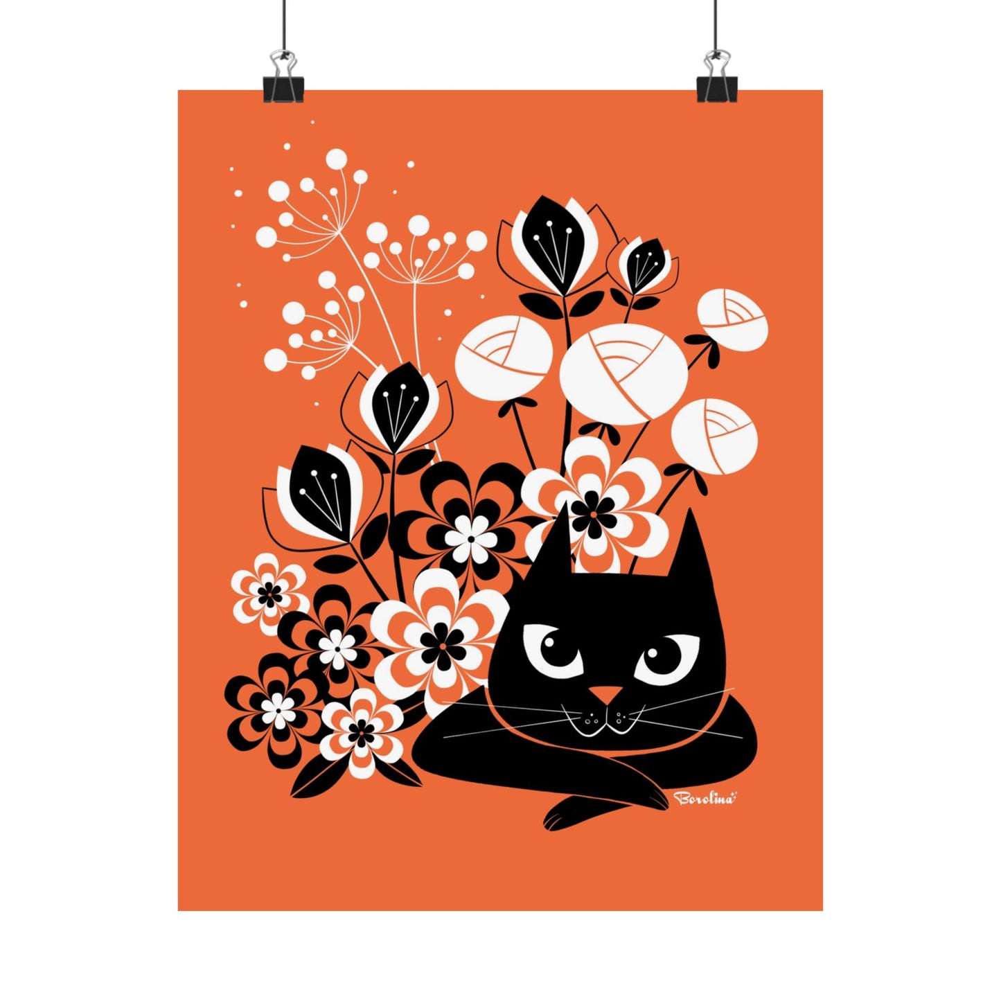 Cat and flowers, rectangular art print