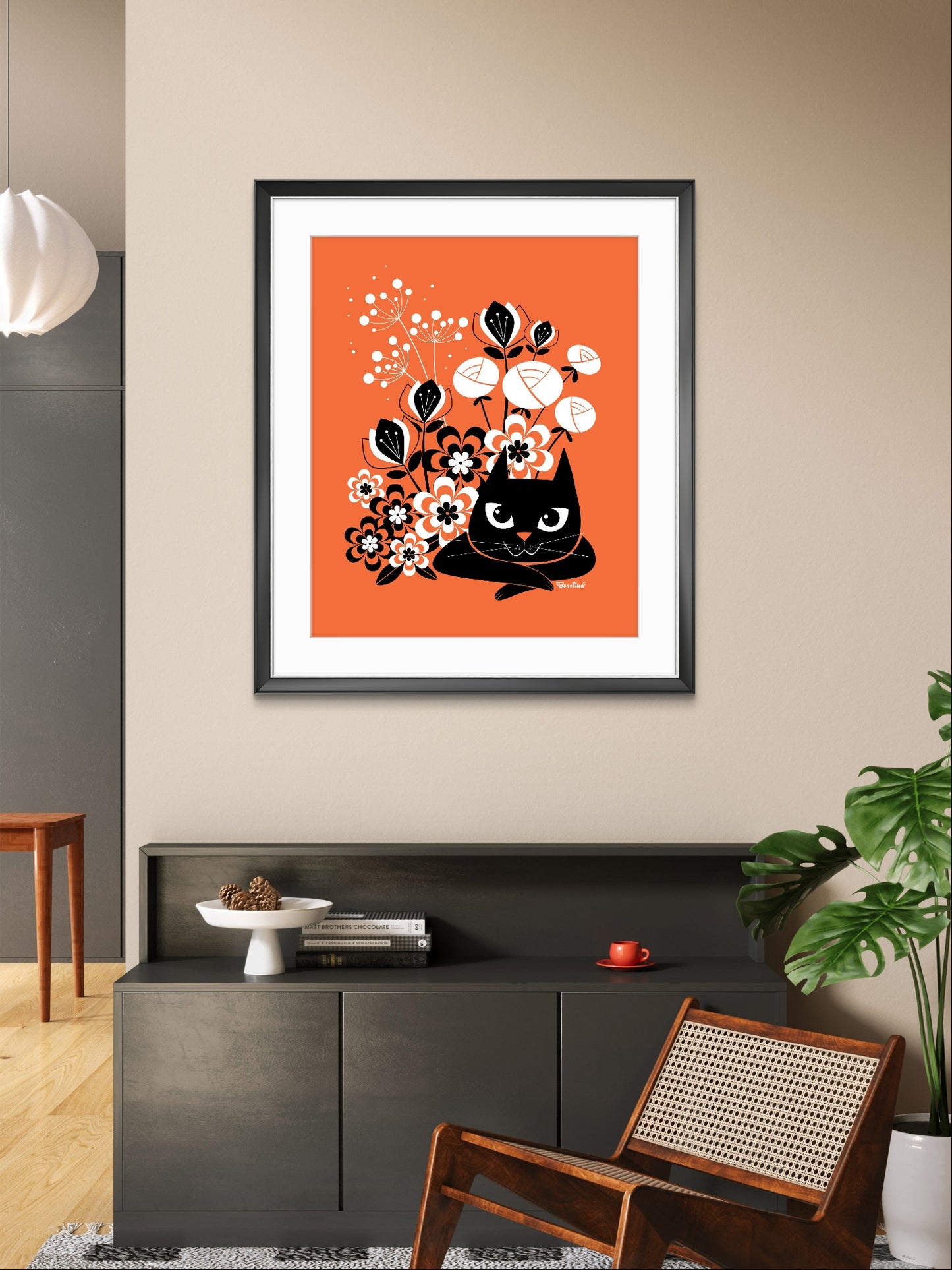 Cat and flowers, rectangular art print