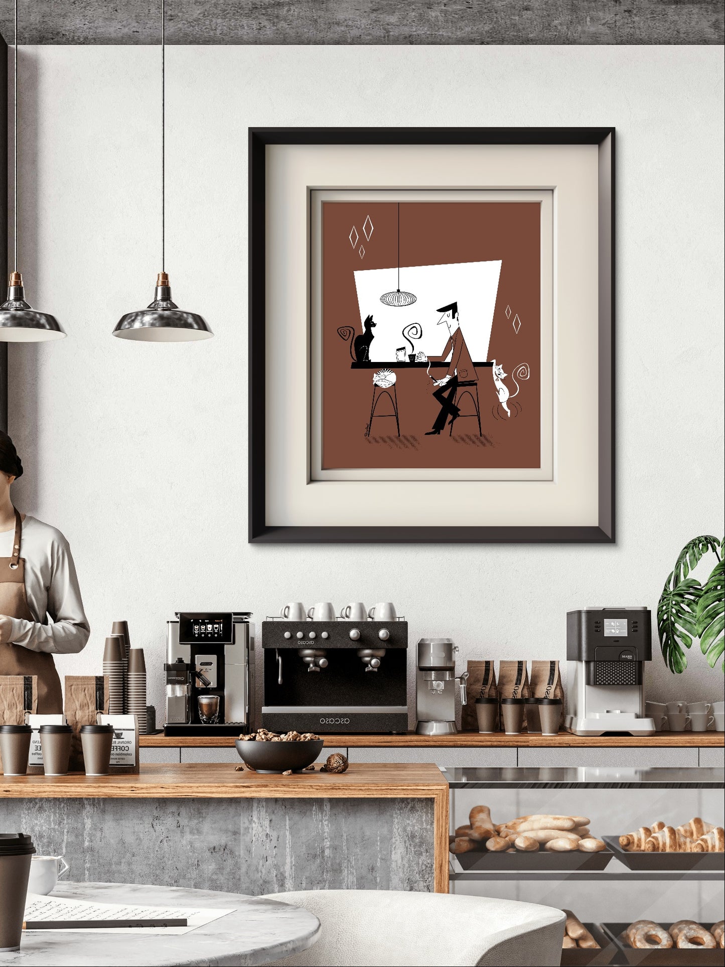 Coffee Shop with cats, rectangular art print