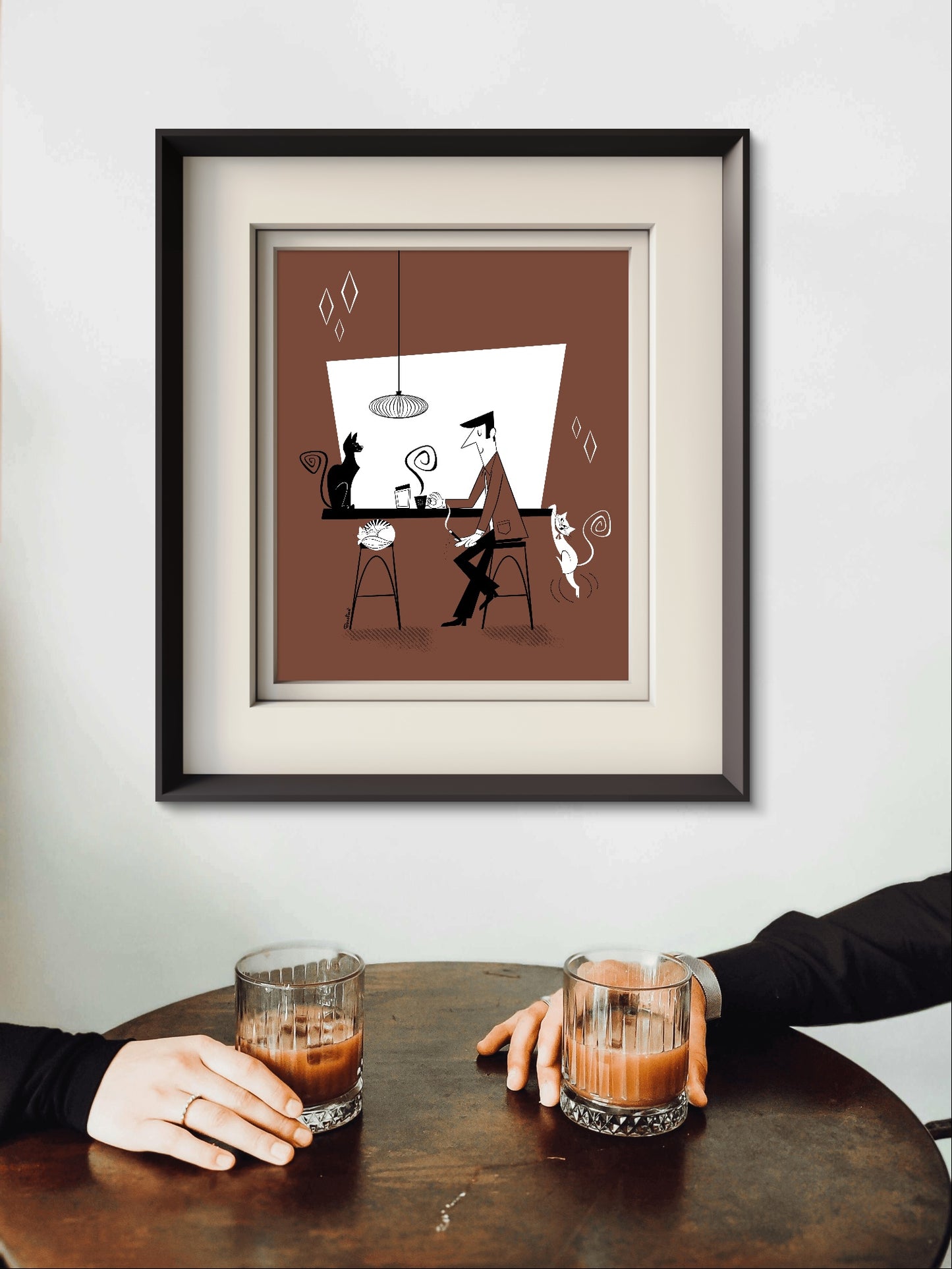 Coffee Shop with cats, rectangular art print