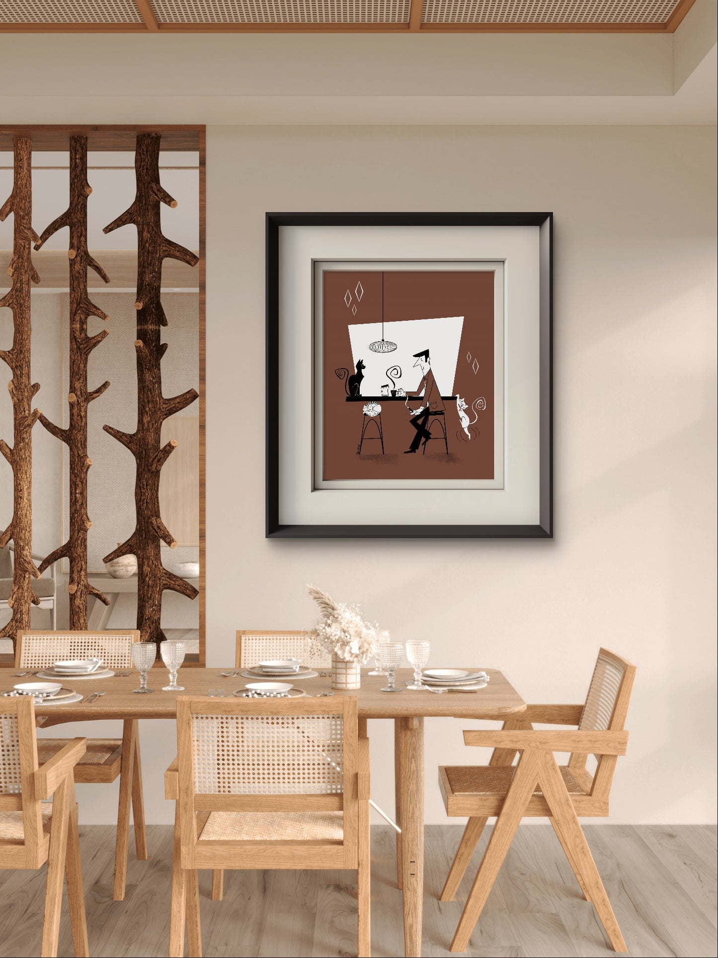 Coffee Shop with cats, rectangular art print