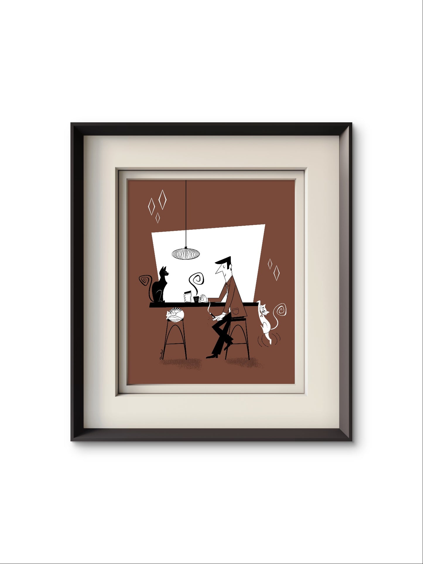 Coffee Shop with cats, rectangular art print