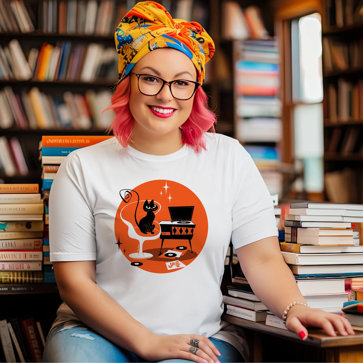 Jazz Cat; white unisex t-shirt