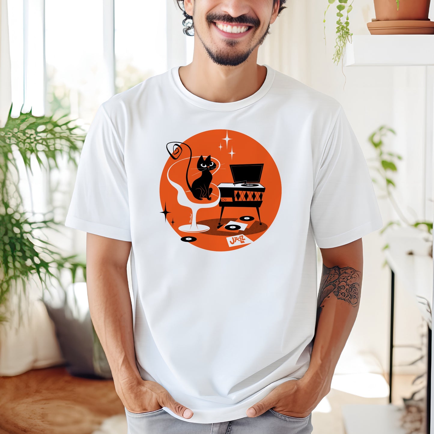 Jazz Cat; white unisex t-shirt