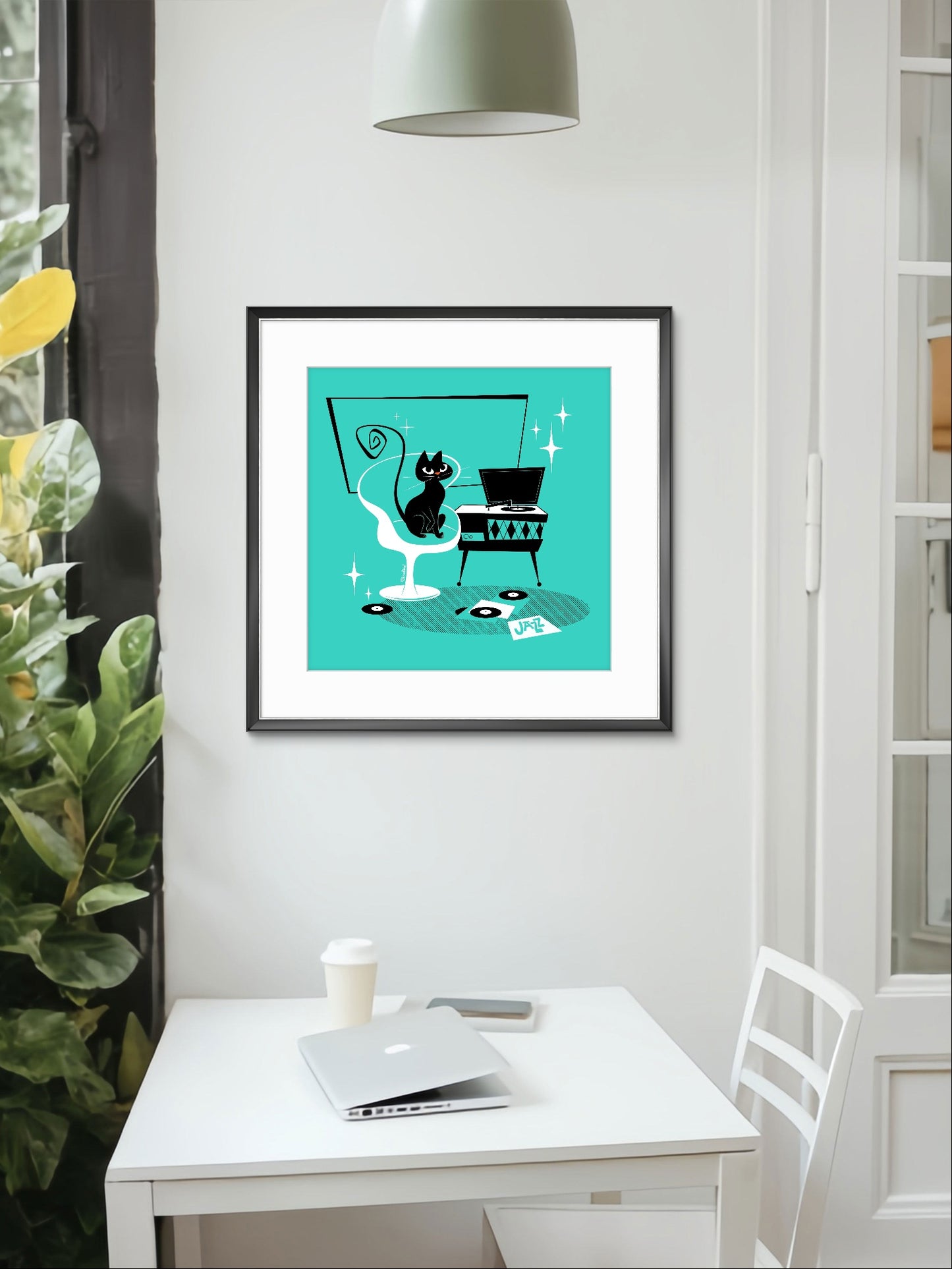 Jazz Cat in teal, square art print