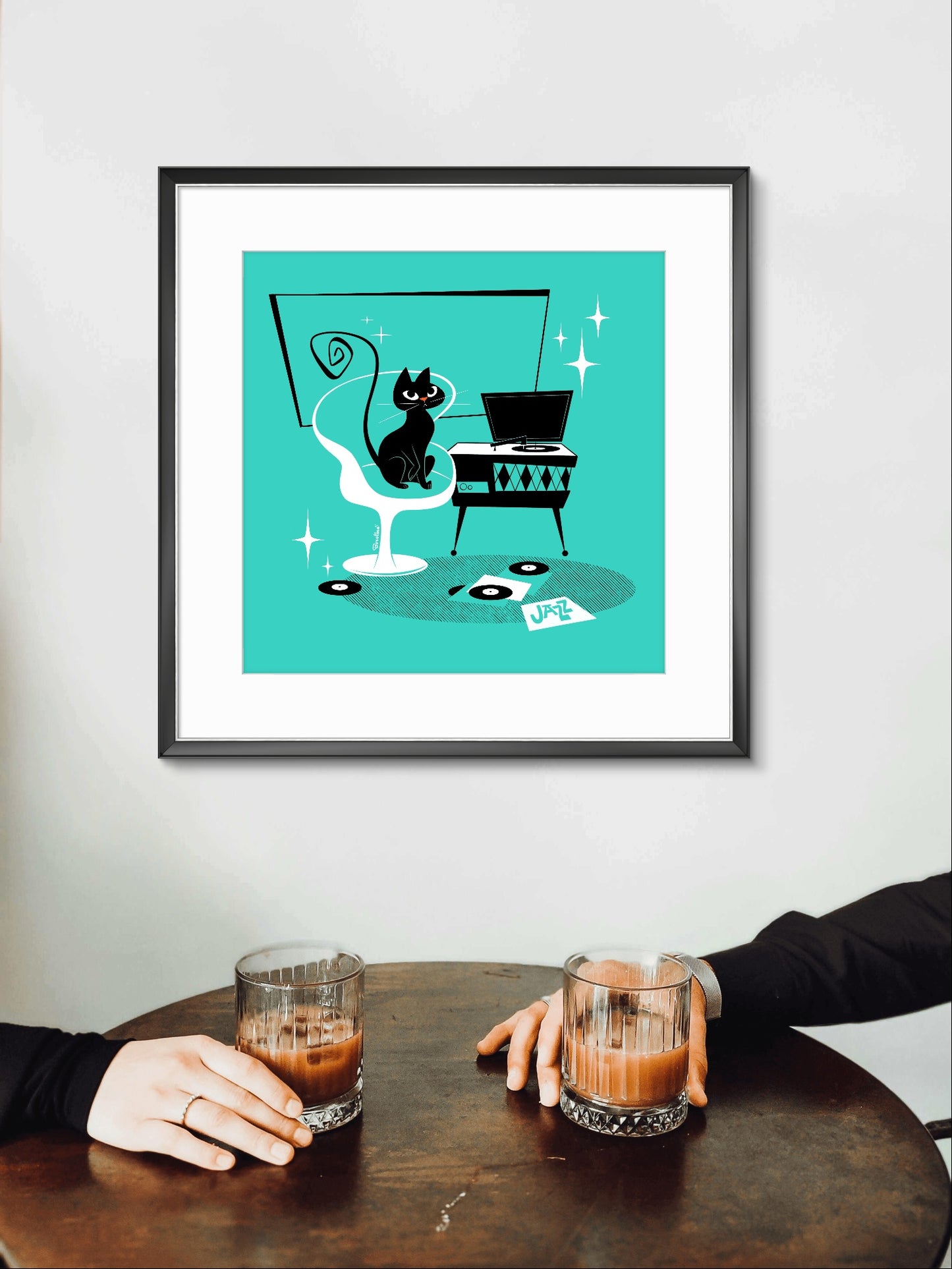 Jazz Cat in teal, square art print
