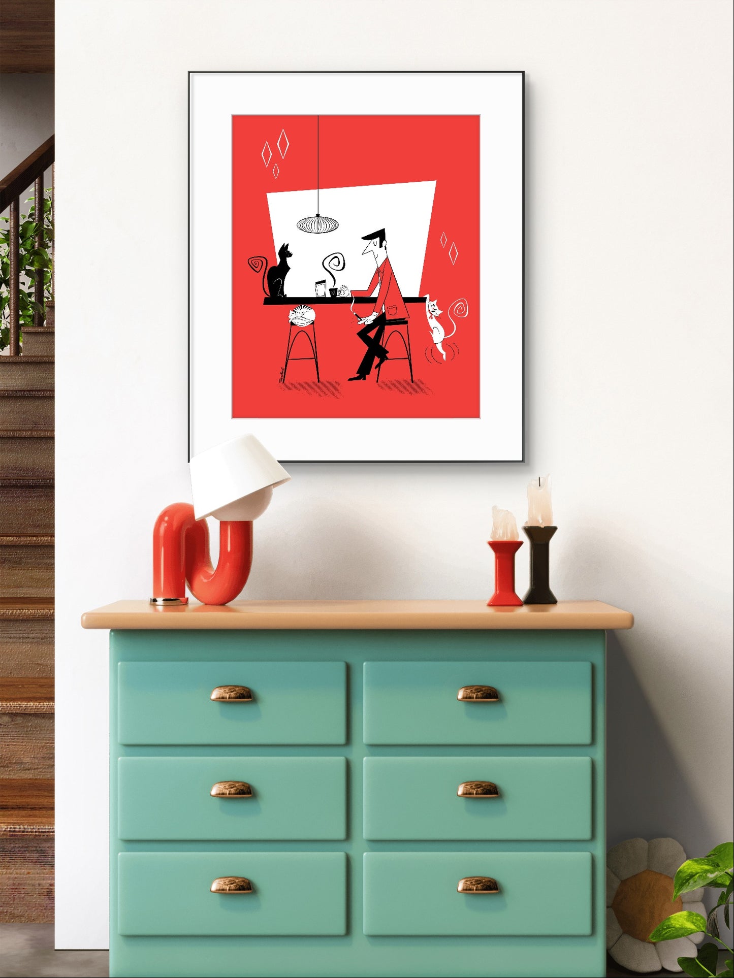Café de gatos (fondo rojo), lámina artística