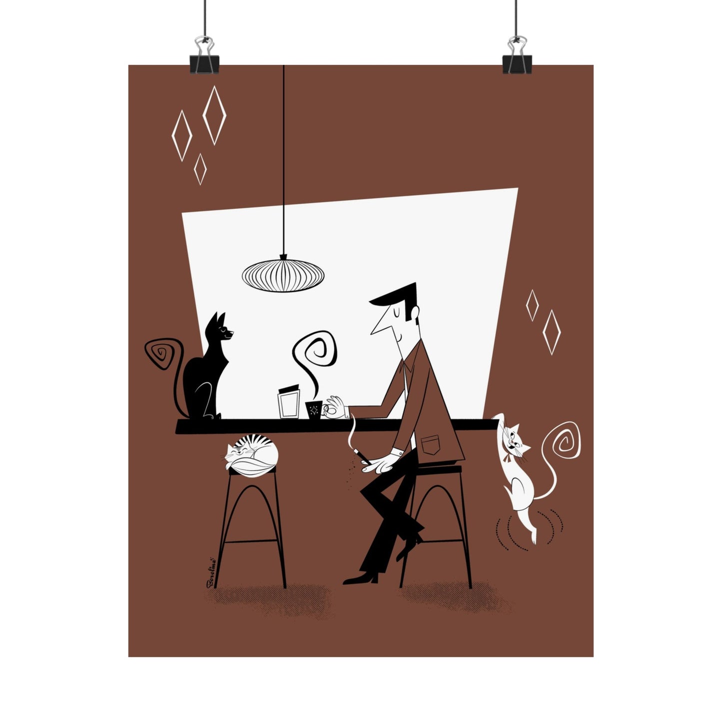 Coffee Shop with cats, rectangular art print