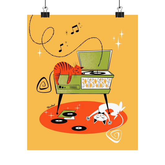 Cats napping on Record Player (yellow background), art print