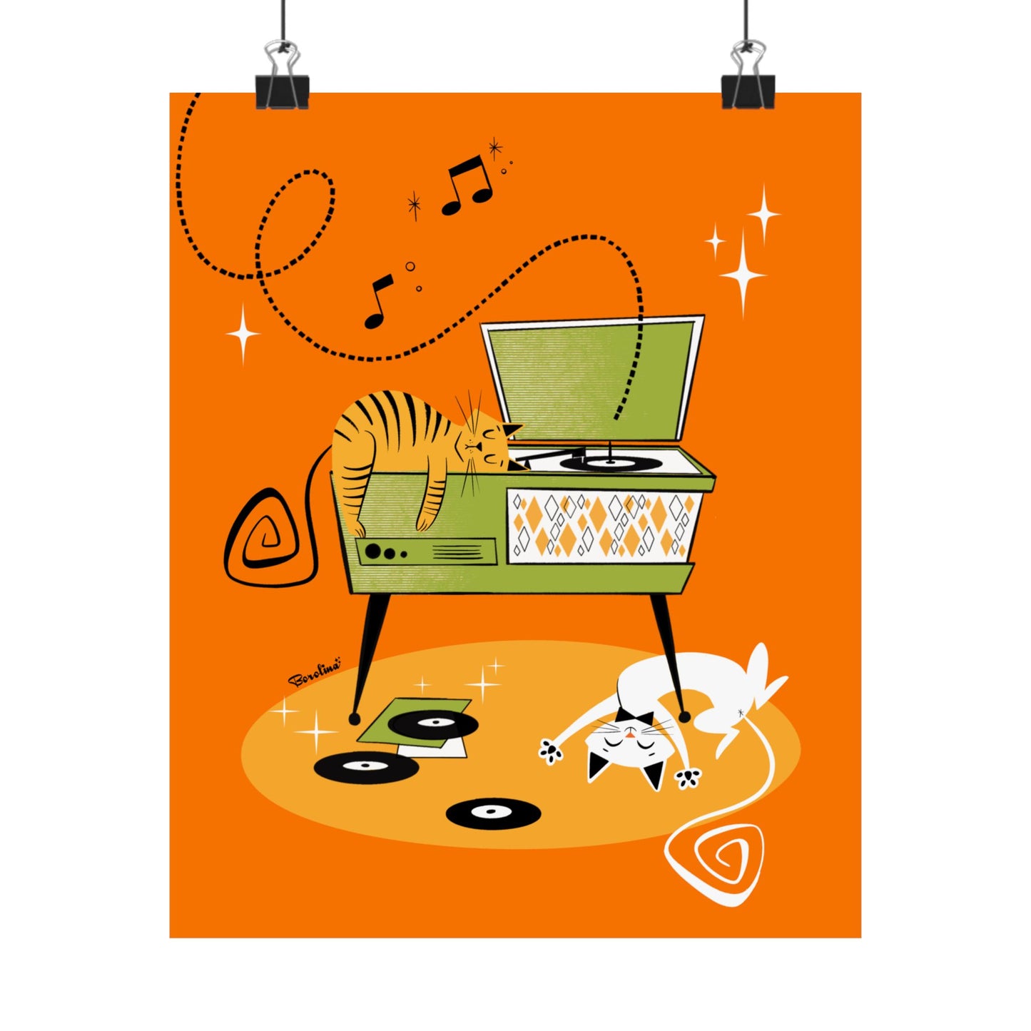 Cats napping on Record Player (light orange background), art print