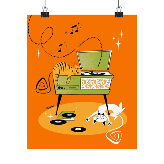 Cats napping on Record Player (light orange background), art print