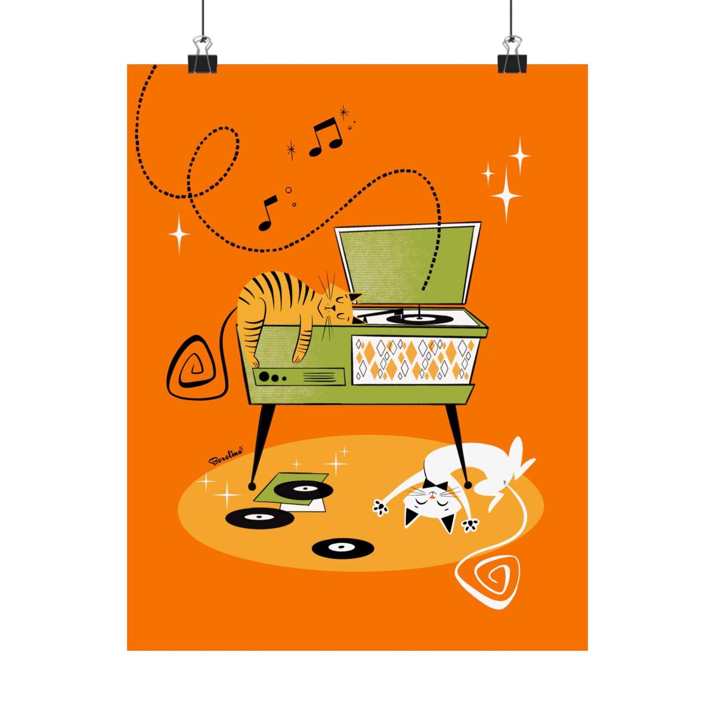 Cats napping on Record Player (light orange background), art print