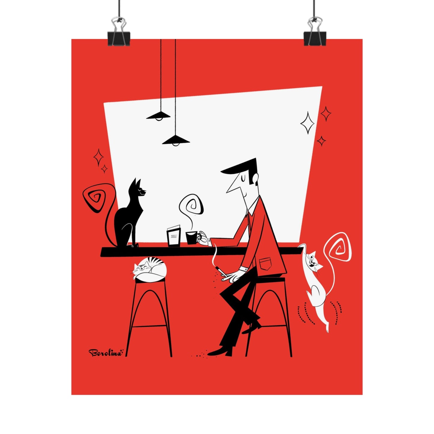 Café de gatos (fondo rojo), lámina artística