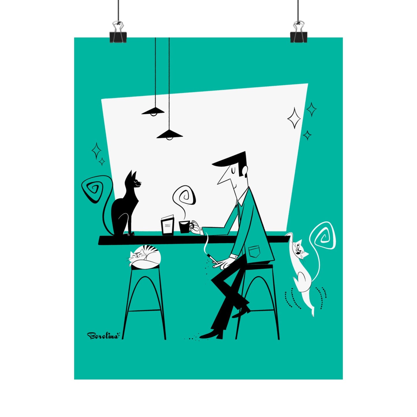 Café de Gatos (fondo verde azulado), lámina artística