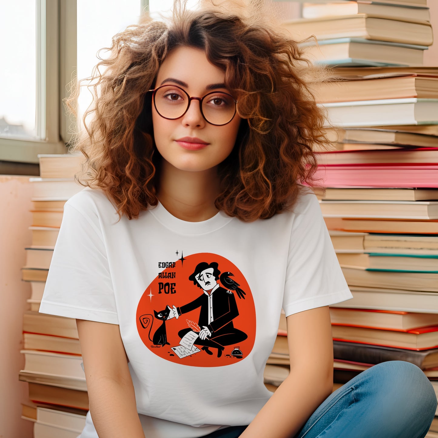 Poe’s Cat; White unisex t-shirt