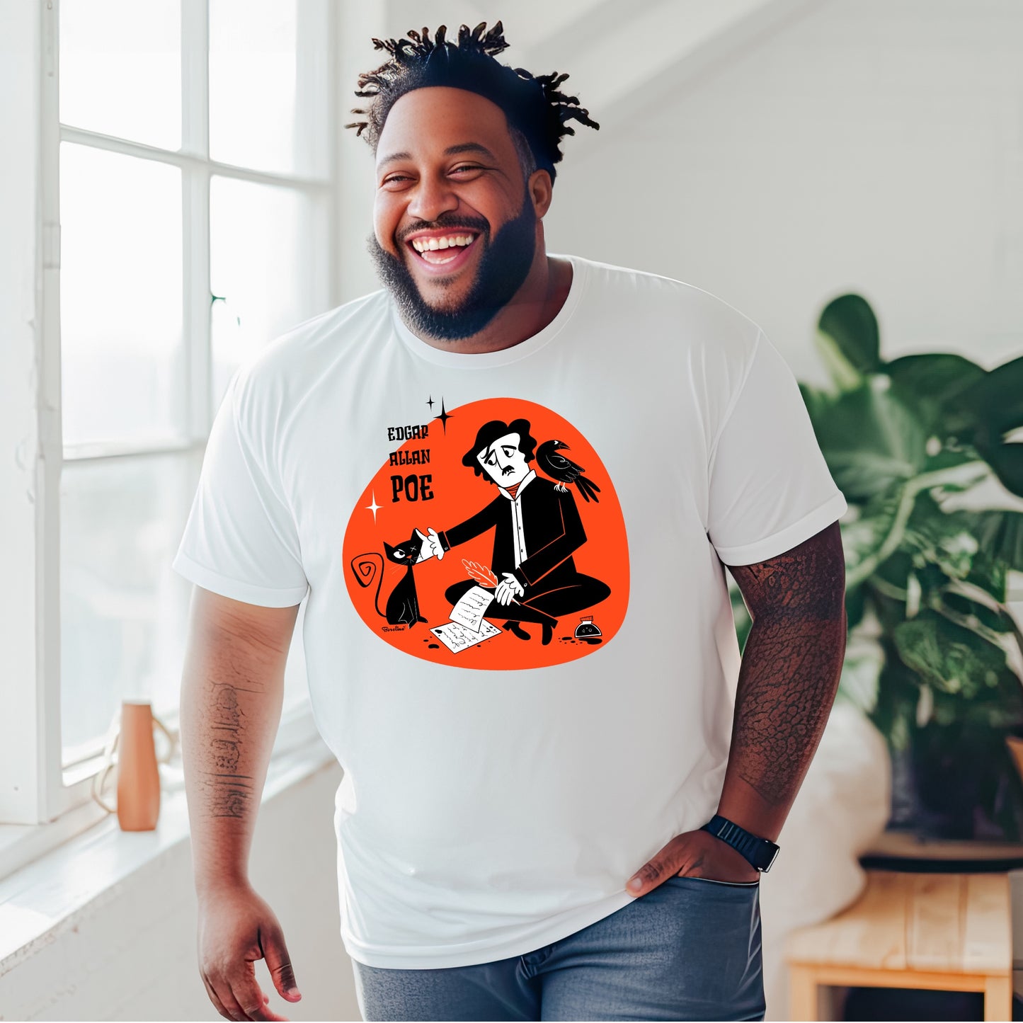 Poe’s Cat; White unisex t-shirt
