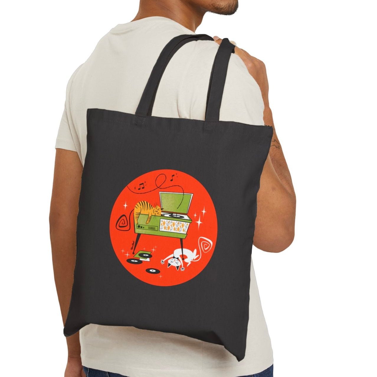 Bolso de tela «Gatos Retro en Tocadiscos» en color natural o negro