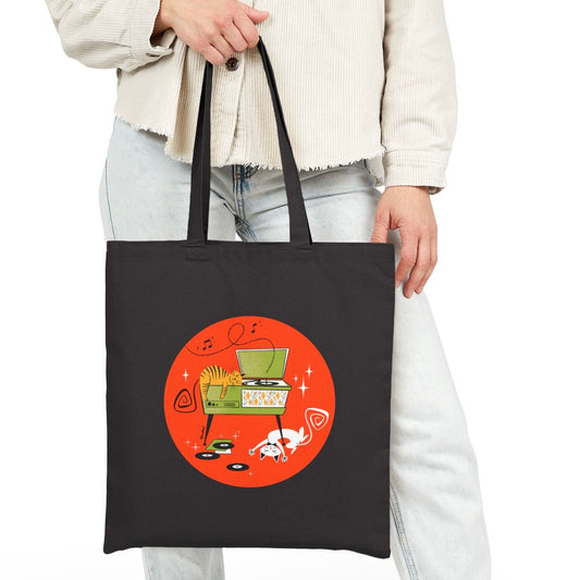 Retro Cats on Record Player Tote Bag in natural or black