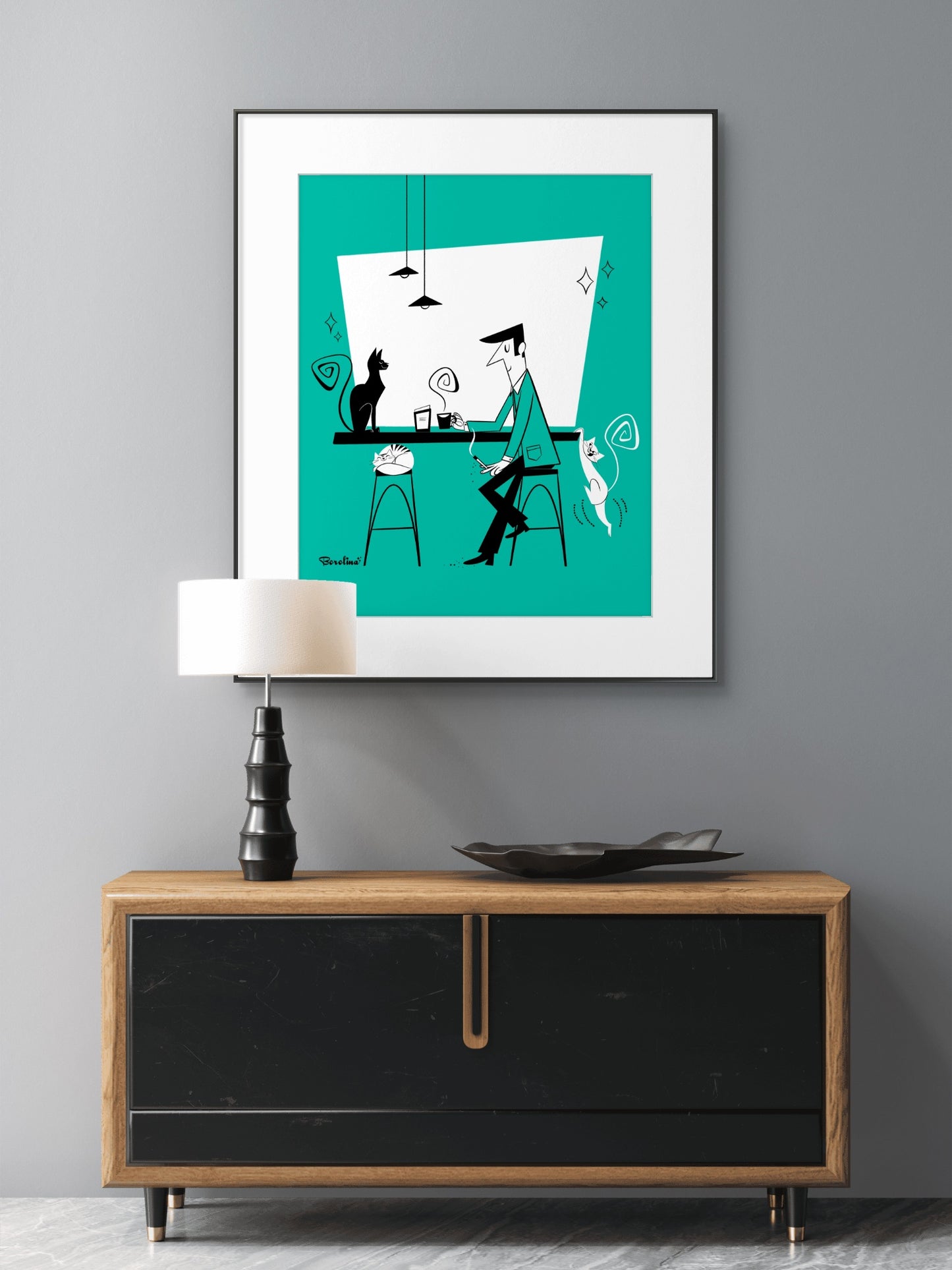 Café de Gatos (fondo verde azulado), lámina artística