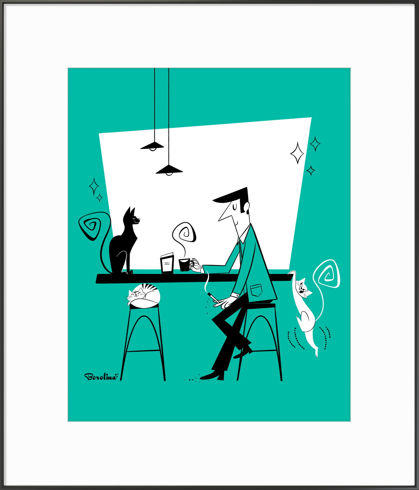 Café de Gatos (fondo verde azulado), lámina artística