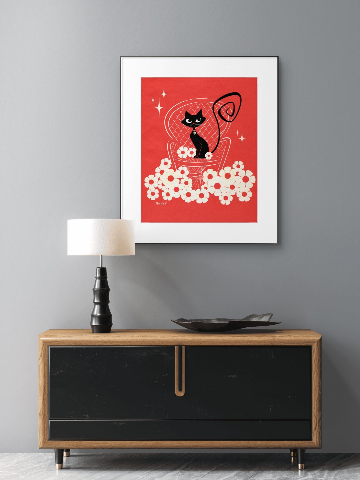 Gato negro en silla Peacock, Lámina decorativa rectangular