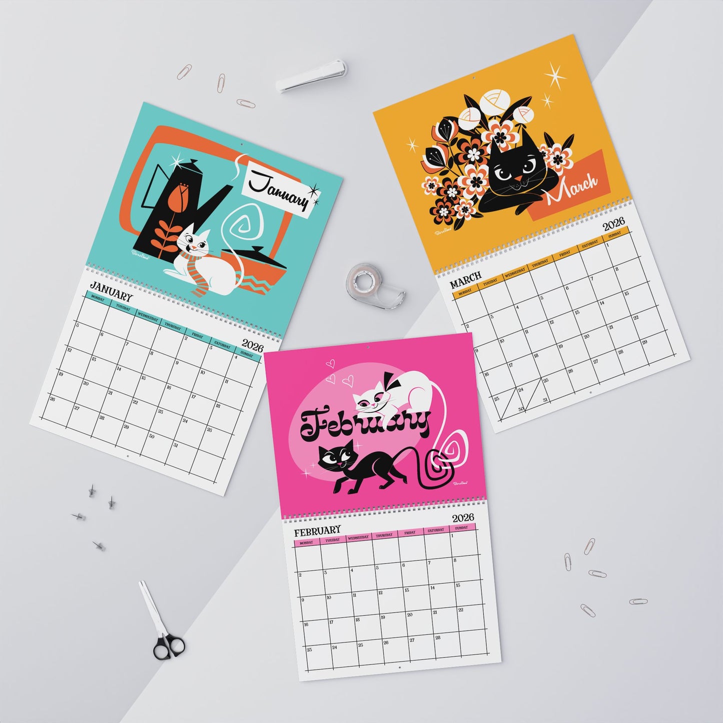 Calendario de gatos de mediados de siglo 2026 | Calendario mensual de 12 meses
