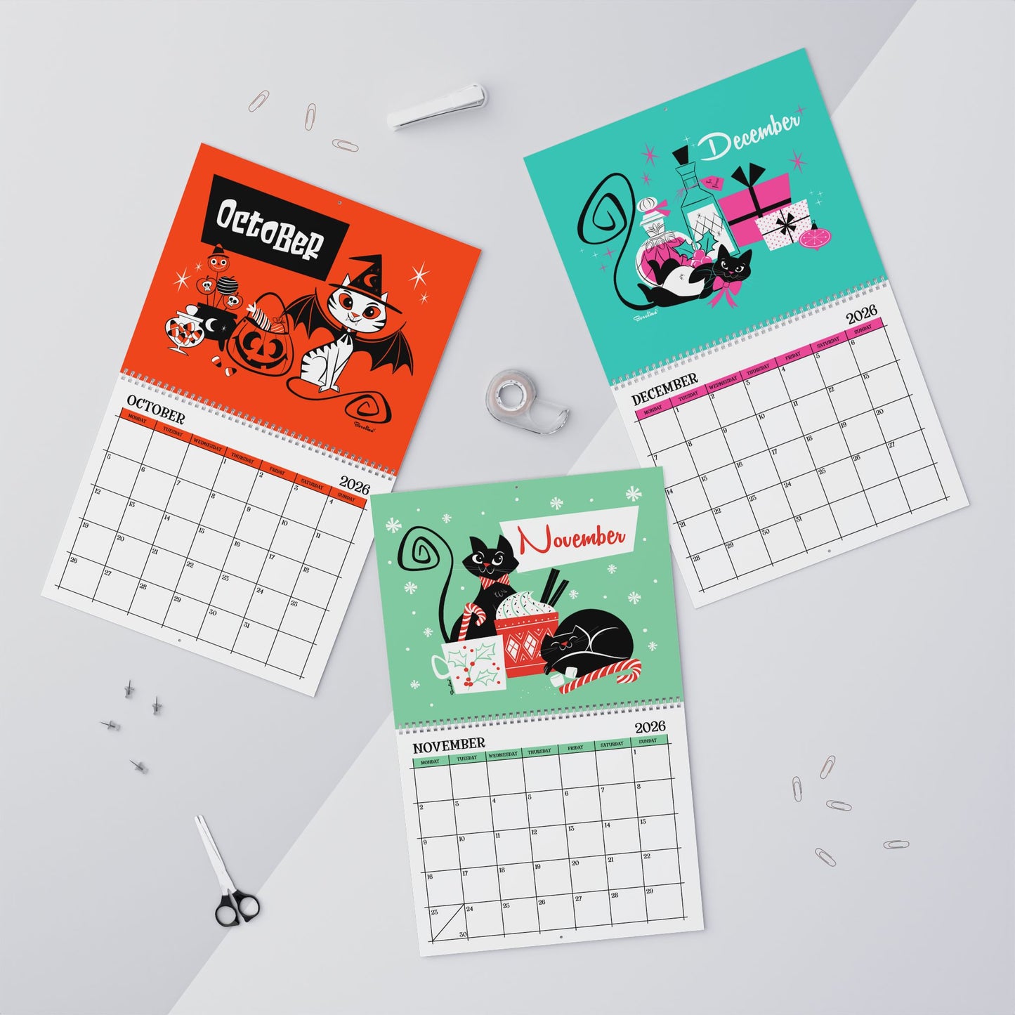 Calendario de gatos de mediados de siglo 2026 | Calendario mensual de 12 meses