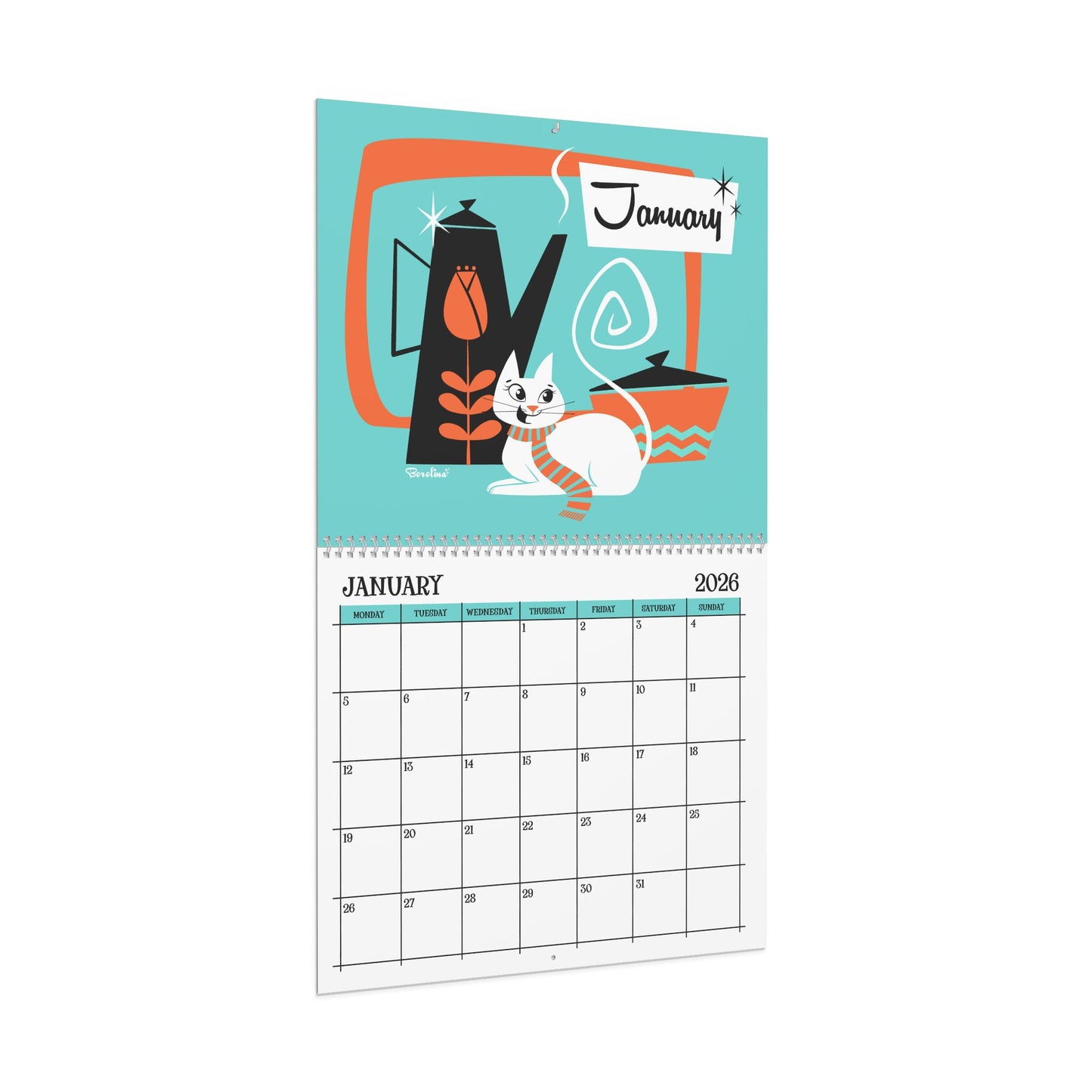 Calendario de gatos de mediados de siglo 2026 | Calendario mensual de 12 meses