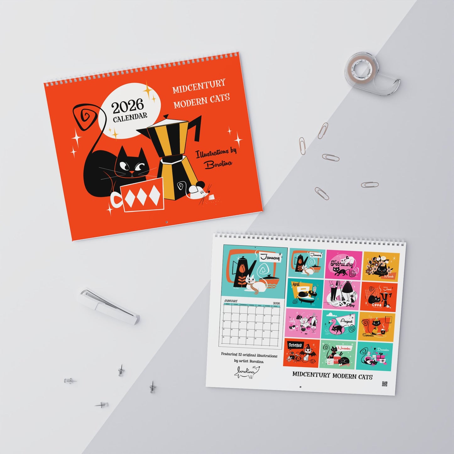 Calendario de gatos de mediados de siglo 2026 | Calendario mensual de 12 meses
