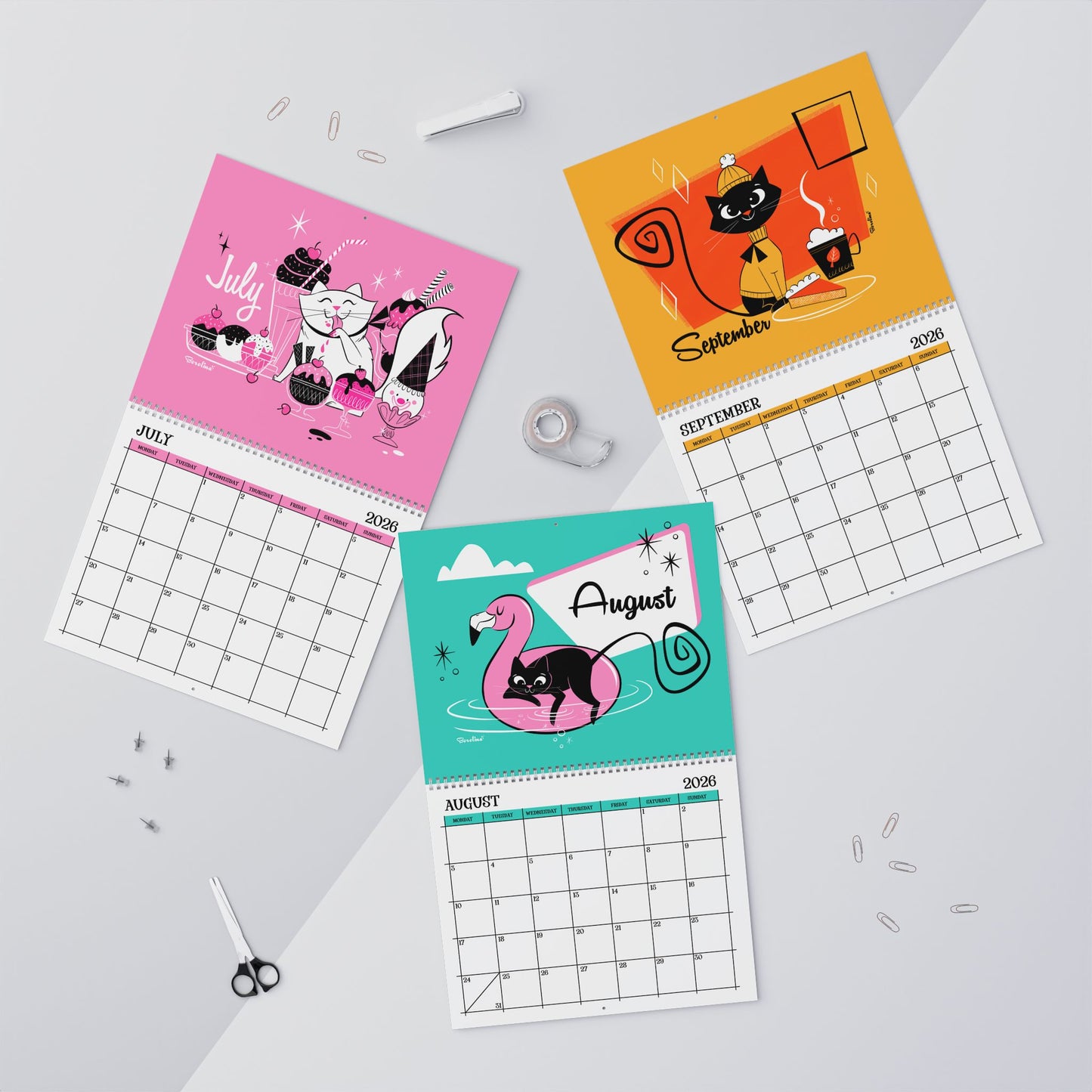 Calendario de gatos de mediados de siglo 2026 | Calendario mensual de 12 meses
