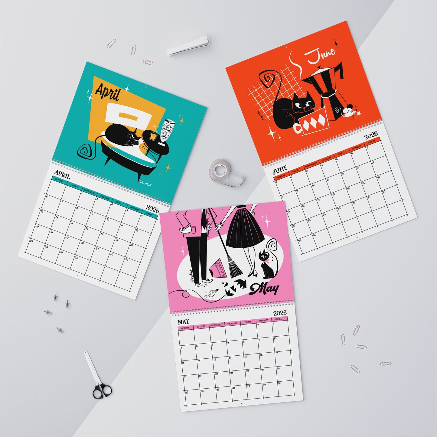Calendario de gatos de mediados de siglo 2026 | Calendario mensual de 12 meses