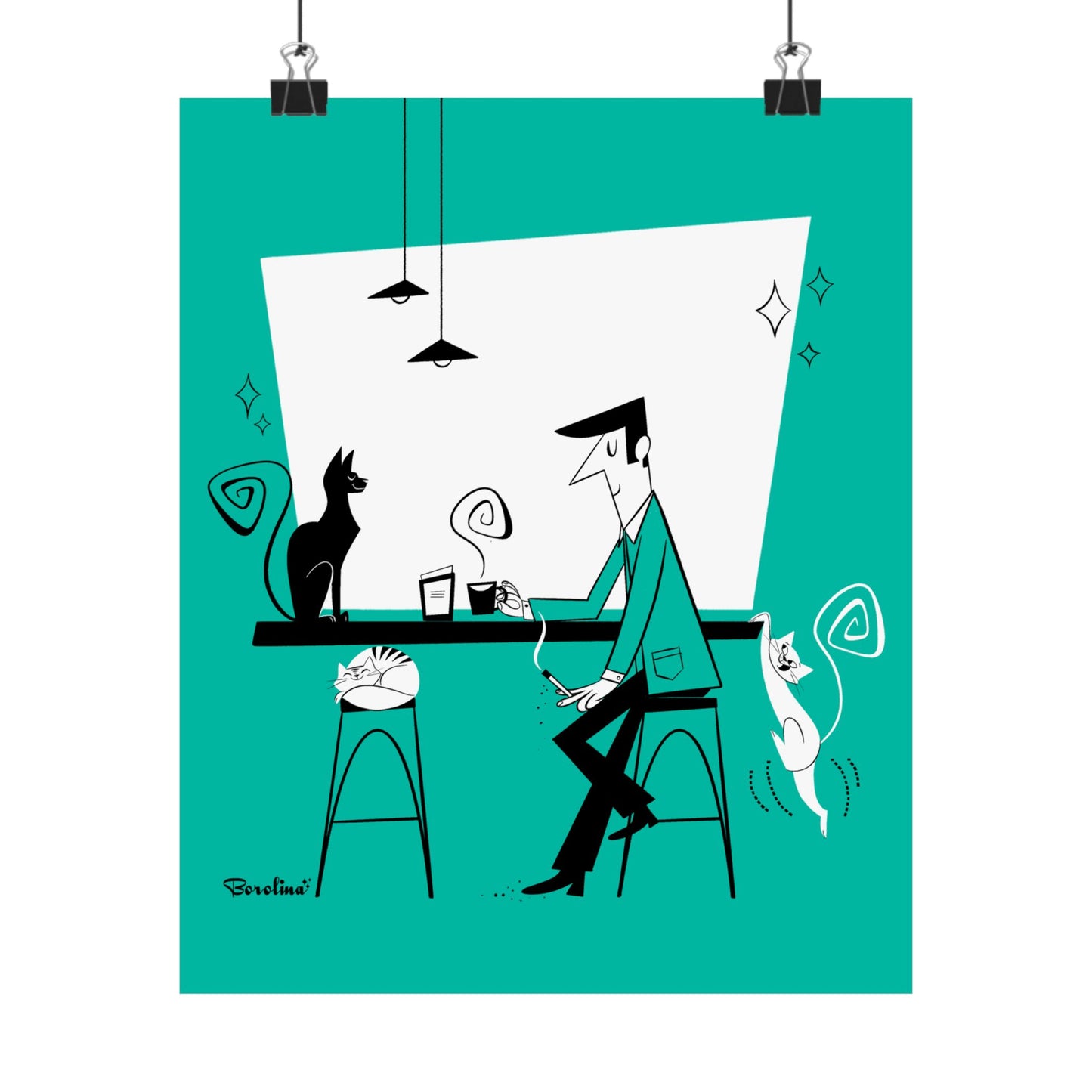 Café de Gatos (fondo verde azulado), lámina artística