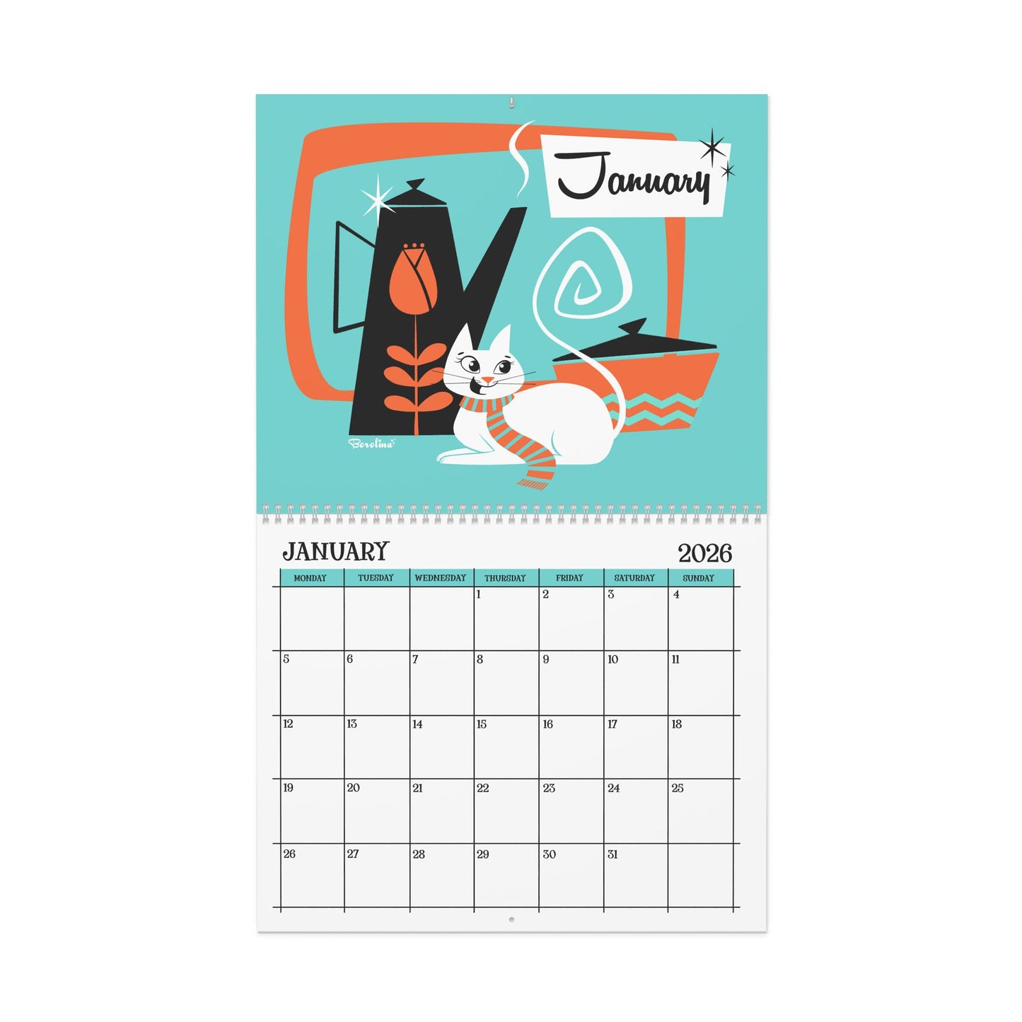 Calendario de gatos de mediados de siglo 2026 | Calendario mensual de 12 meses