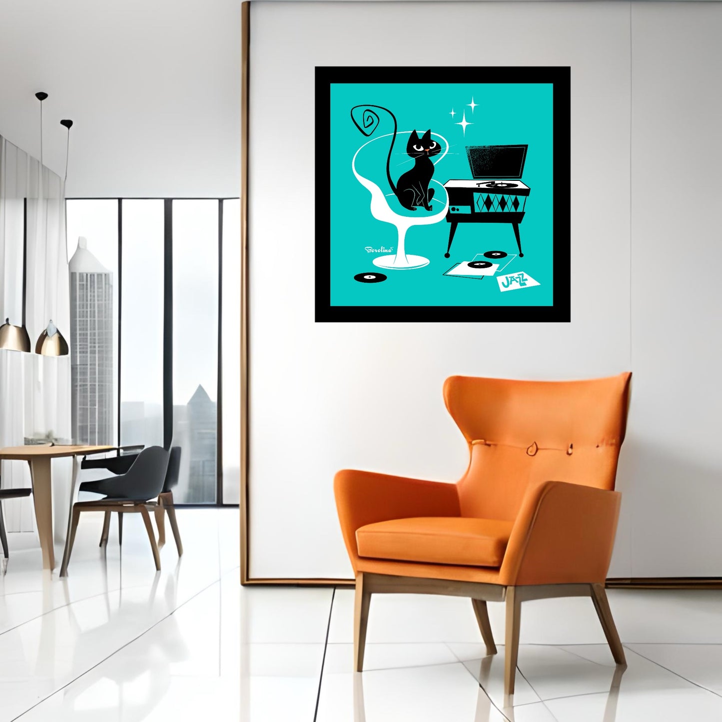 Jazz Cat Art Print in Teal